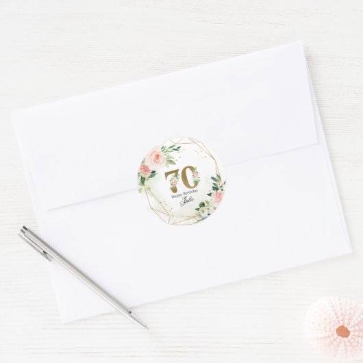 Personalized Gold & Floral Custom 70th  Ronde Sticker (Envelop)