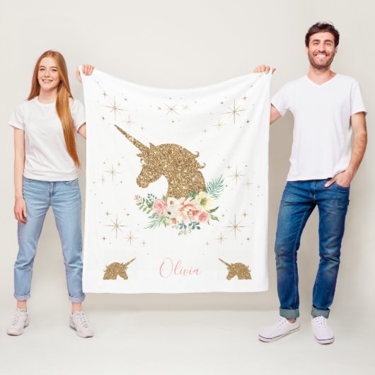 Personalized Gold Glitter Unicorn Blanket Fleece Deken (In situ)