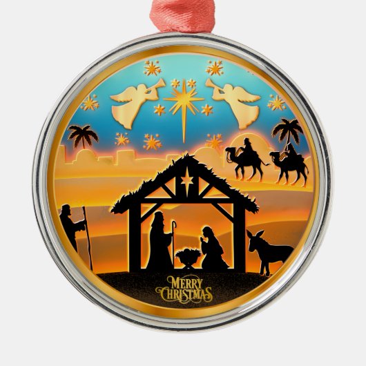 Personalized Gold Nativity "Merry Christmas" Metalen Ornament (Voorkant)