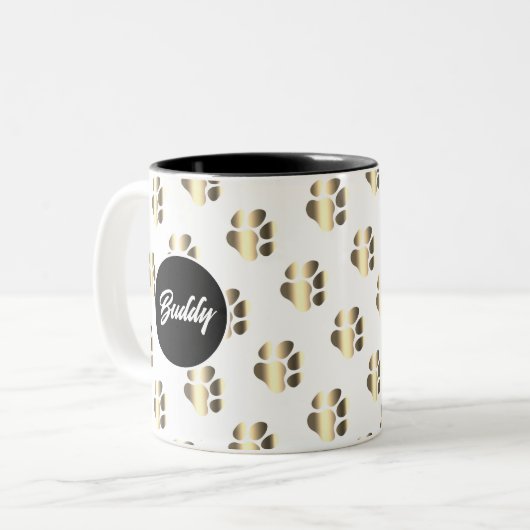 Personalized gold paws pattern pet lovers tweekleurige koffiemok (Voorkant links)