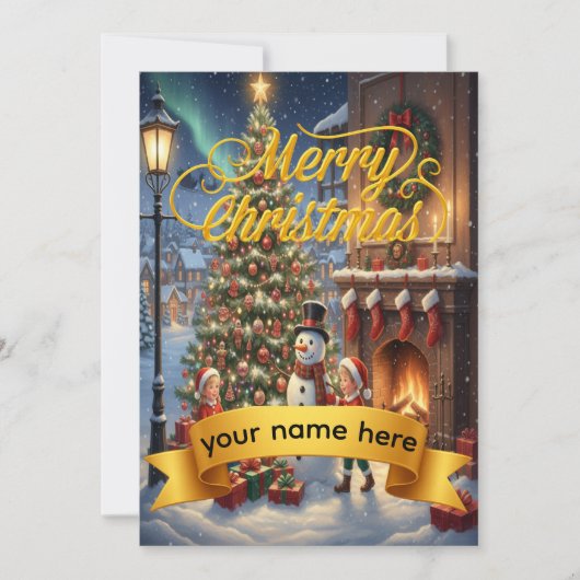 Personalized Gold Ribbon Winter  Christmas Card Feestdagenkaart (Voorkant)