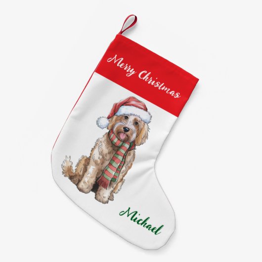 Personalized Goldendoodle Dog in Santa Hat  Kleine Kerstsok (Voorkant (Hangend))