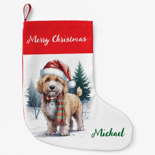 Personalized Goldendoodle Dog in Santa Hat  Kleine Kerstsok (Voorkant)