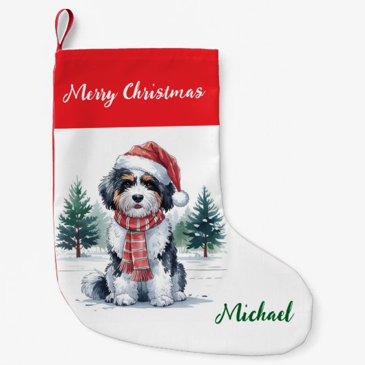 Personalized Goldendoodle Dog in Santa Hat  Kleine Kerstsok (Voorkant)