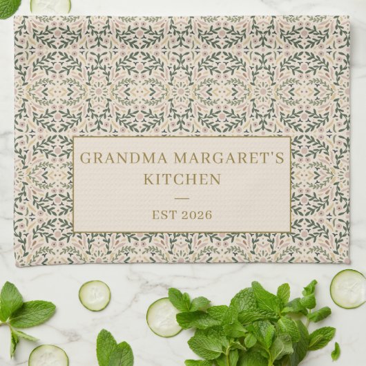 Personalized Grandma Kitchen Gift Botanical Green Theedoek (Gevouwen)