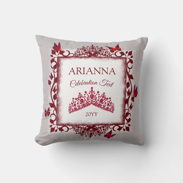 Personalized Gray, Burgundy Red Tiara, Butterfly Kussen (Voorkant)