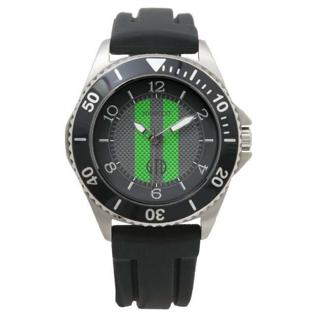 Personalized Green Carbon Style Racing Stripes Horloge (Voorkant)