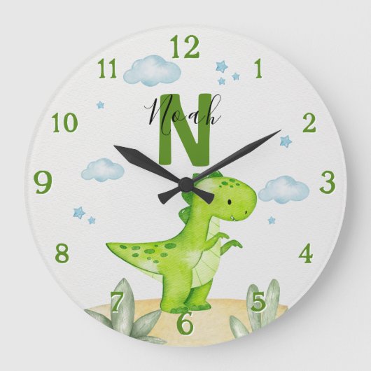 Personalized Green Dinosaur Nursery Large Clock Grote Klok (Voorkant)