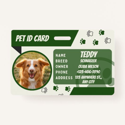 Personalized Green White Dog Card Photo ID Badge (Voorkant)