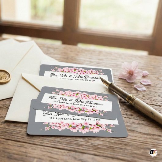 Personalized Grey & Pink Cherry Blossom Wedding  Etiket