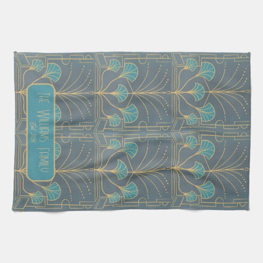 Personalized Hand drawn Art Deco Fountain Tile Theedoek (Horizontaal)