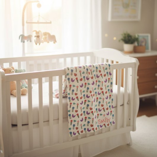 Personalized Hand-Drawn Folk Art Floral Kids Blank Fleece Deken