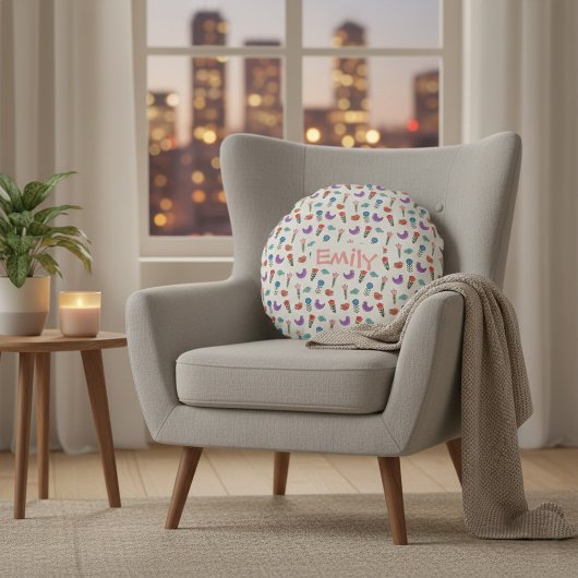 Personalized Hand-Drawn Folk Art Floral  Rond Kussen