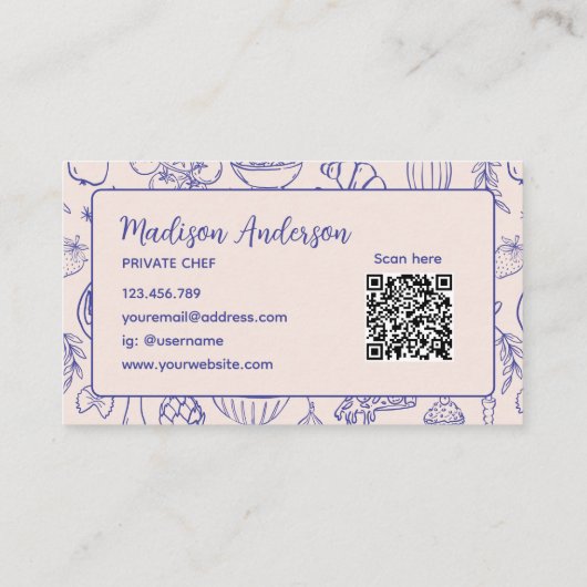 Personalized Hand Drawn Food QR Code Navy Blue Visitekaartje (Achterkant)