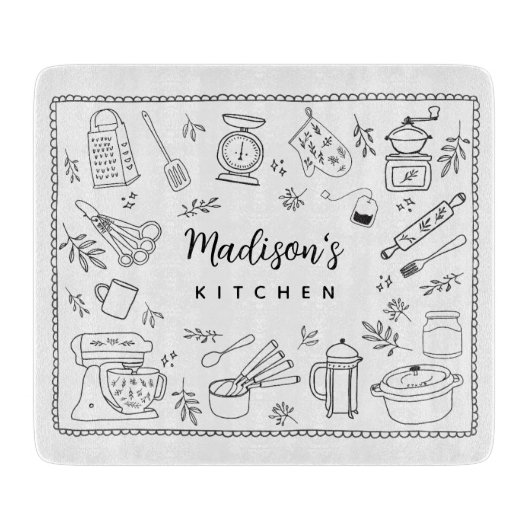 Personalized Hand Drawn Kitchen Cooking Utensils  Snijplank (Voorkant)