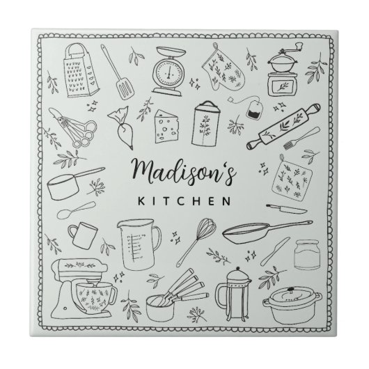 Personalized Hand Drawn Kitchen Cooking Utensils Tegeltje (Voorkant)