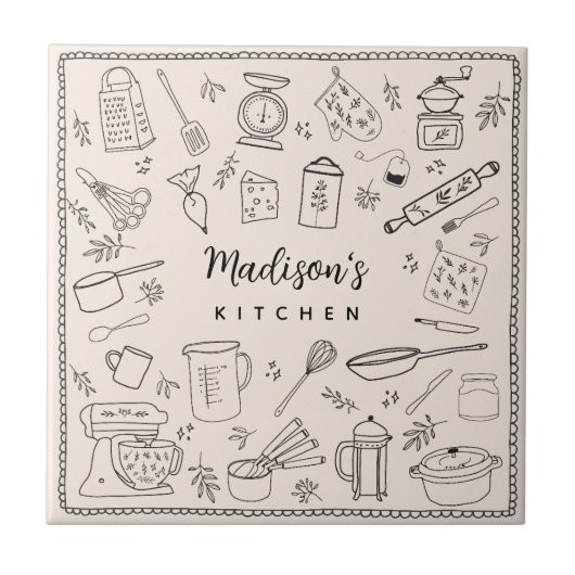 Personalized Hand Drawn Kitchen Cooking Utensils  Tegeltje (Voorkant)