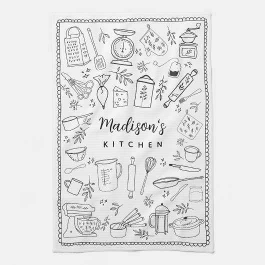 Personalized Hand Drawn Kitchen Cooking Utensils  Theedoek (Verticaal)