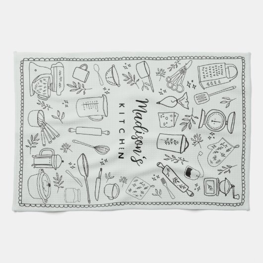 Personalized Hand Drawn Kitchen Cooking Utensils  Theedoek (Horizontaal)