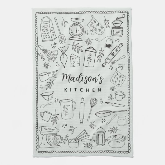 Personalized Hand Drawn Kitchen Cooking Utensils Theedoek (Verticaal)