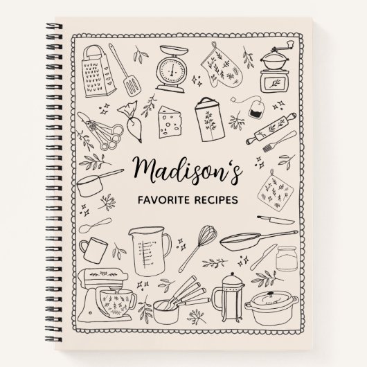 Personalized Hand Drawn Kitchen Utensils Recipe Notitieboek (Voorkant)