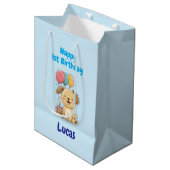 Personalized Happy 1st Birthday Gift Wrap, Puppy, Medium Cadeauzakje (Voorkant Gekanteld)