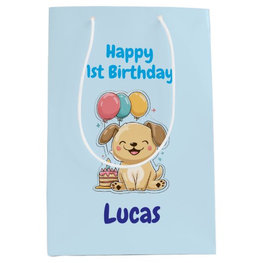 Personalized Happy 1st Birthday Gift Wrap, Puppy, Medium Cadeauzakje (Voorkant)