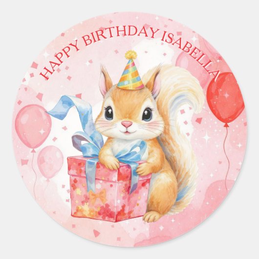 Personalized Happy Birthday Girl's Squirrel  Ronde Sticker (Voorkant)