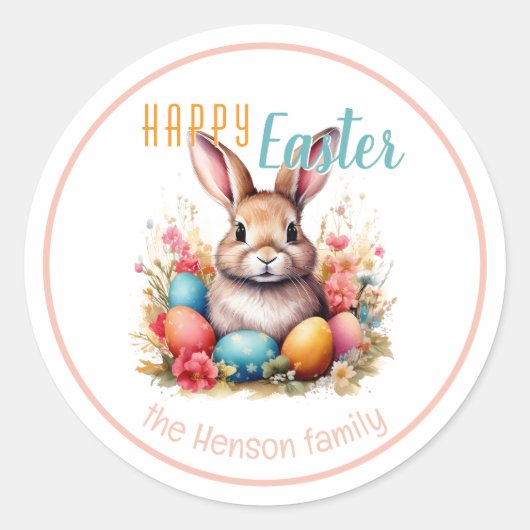 Personalized Happy Easter Bunny Eggs Family  Ronde Sticker (Voorkant)