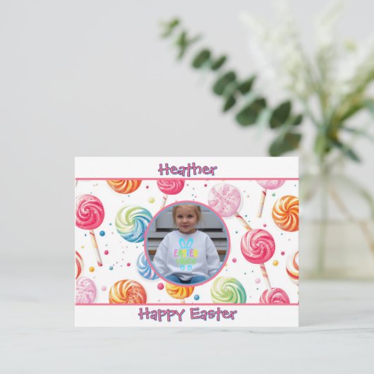 Personalized Happy Easter Lollipop Candy Photo Briefkaart (Staand voorkant)