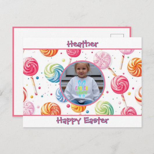 Personalized Happy Easter Lollipop Candy Photo Briefkaart (Voorkant / Achterkant)