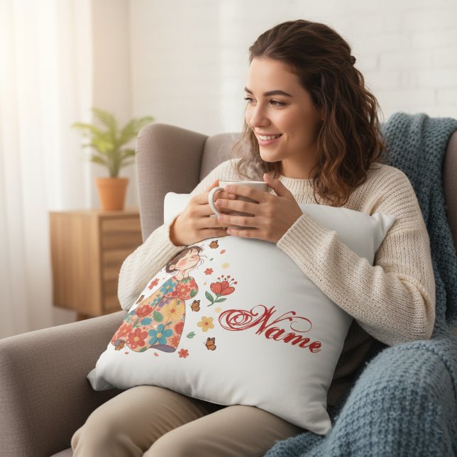 Personalized Happy Girl Floral Messy Bun Name Kussen (Creator heeft geüpload)