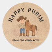Personalized Happy Purim Round Sticker - Cowboy (Voorkant)
