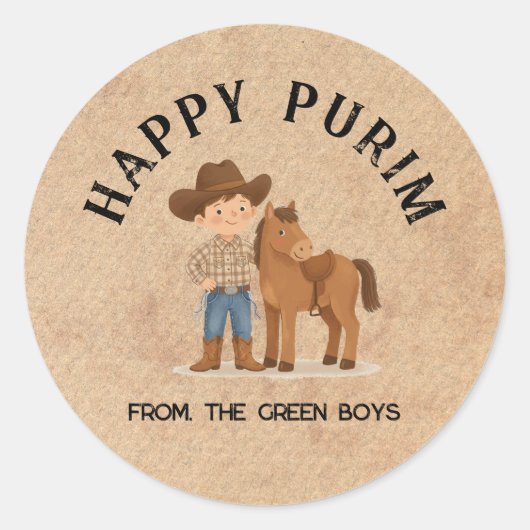 Personalized Happy Purim Round Sticker - Cowboy (Voorkant)