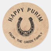 Personalized Happy Purim Round Sticker - Horseshoe (Voorkant)