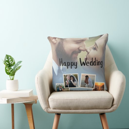 Personalized Happy Wedding Photo Collage Kussen (Stoel)