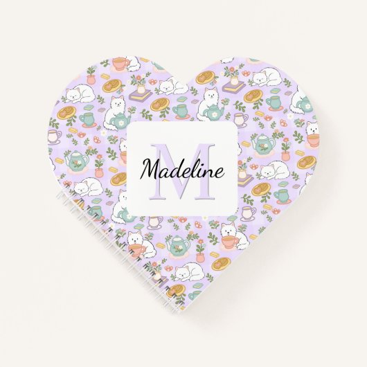 Personalized Heart Tea & Bookish Cats Pastel Girly Notitieboek (Voorkant)