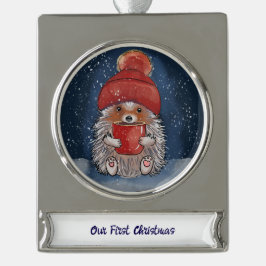 Personalized Hedgehog with Hot Drink Verzilverd Banner Ornament