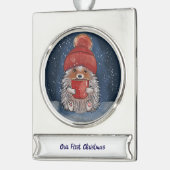 Personalized Hedgehog with Hot Drink Verzilverd Banner Ornament (Links)