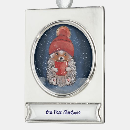 Personalized Hedgehog with Hot Drink Verzilverd Banner Ornament (Links)