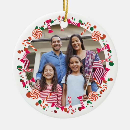 Personalized Holiday Candy Border Photo Keramisch Ornament (Voorkant)