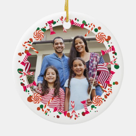 Personalized Holiday Candy Border Photo Keramisch Ornament (Achterkant)