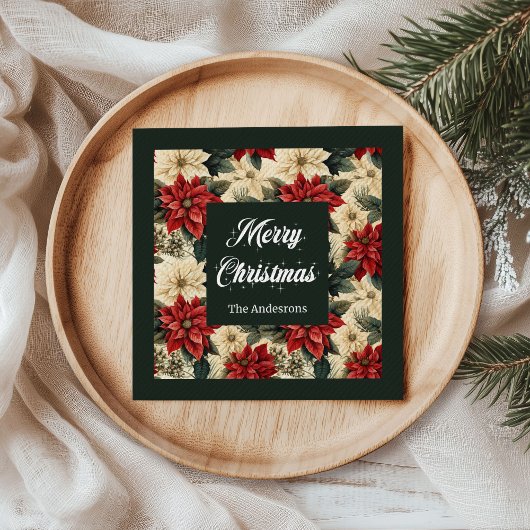 Personalized Holiday Napkins Red Poinsettia Print Servet