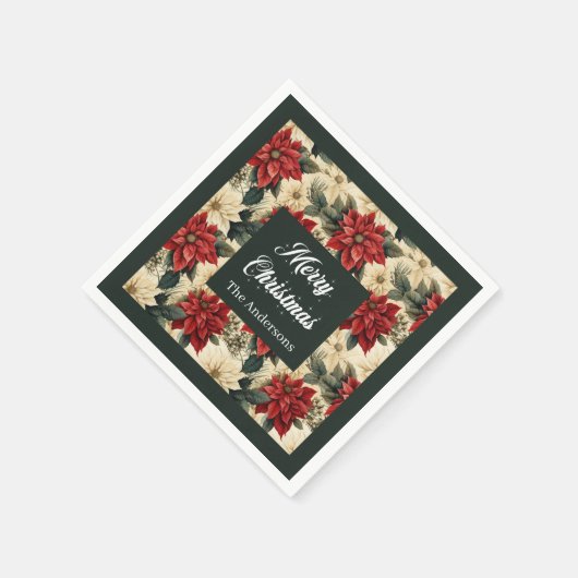 Personalized Holiday Napkins Red Poinsettia Print Servet (Hoek)