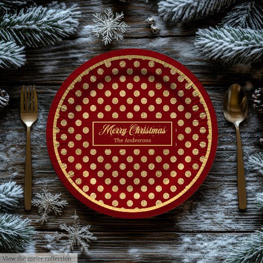 Personalized Holiday Paper Plates Red & Gold Dots Papieren Bordje