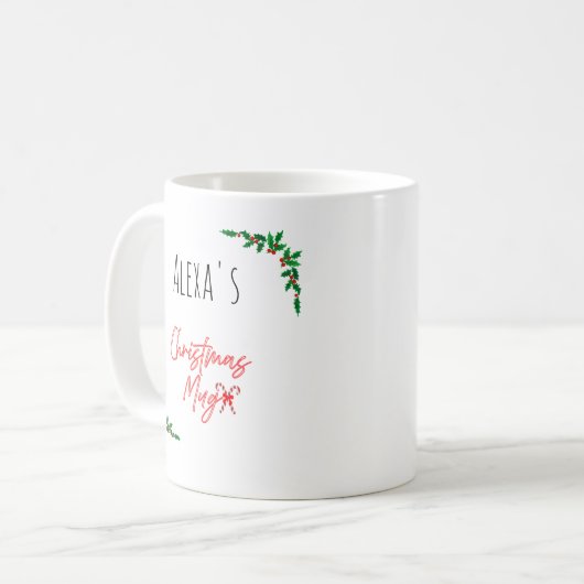 Personalized Holly Berry Candy Cane Name Christmas Koffiemok (Voorkant links)
