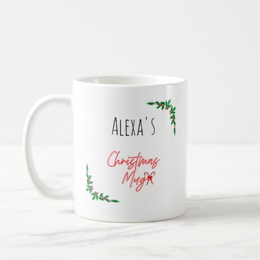 Personalized Holly Berry Candy Cane Name Christmas Koffiemok (Links)