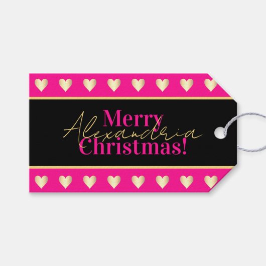 Personalized Hot Pink Black Gold Heart Christmas Cadeaulabel (Voorkant (Horizontaal))