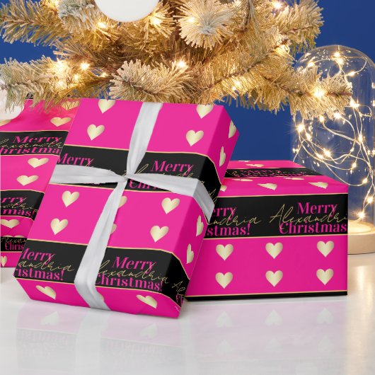 Personalized Hot Pink Black Gold Heart Christmas Cadeaupapier (Feestdagen)