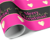 Personalized Hot Pink Black Gold Heart Christmas Cadeaupapier (Rol Hoek)